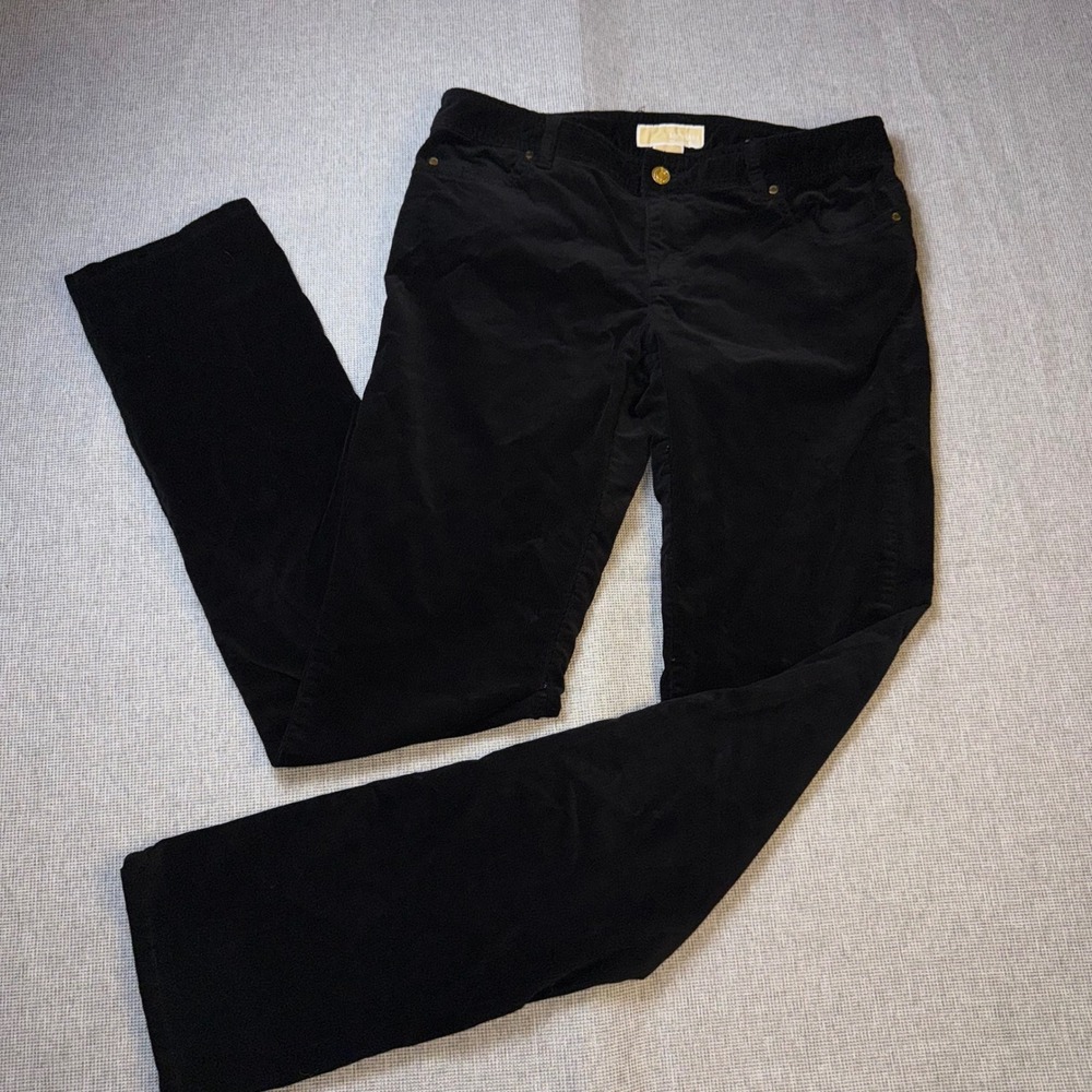Michael Kors Womens Black Corduroy Straight Leg Pants Gold Logo Size 8